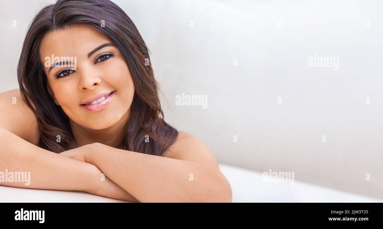 Spa natural beauty concept smiling beautiful Hispanic Latina girl female young woman Stock Photo