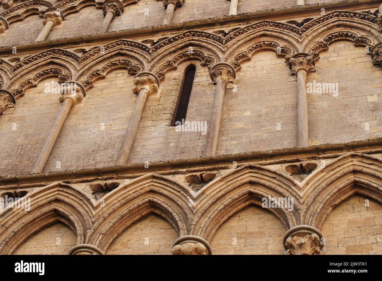 A view of parts of the detailed masonry carvings of Ely cathedral, Cambridgeshire showing the skill and intricate stone carvings in the walls Stock Photo