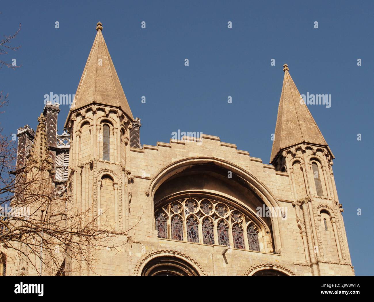 A view showing towers, spires and turrets of Ely cathedral, Cambridgeshire, England showing the intricate magnificent detail of the building Stock Photo