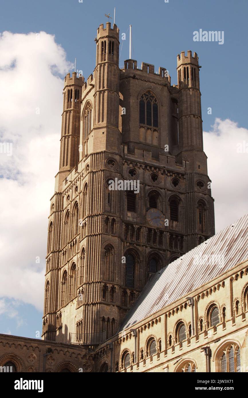 A view showing towers, spires and turrets of Ely cathedral, Cambridgeshire, England showing the intricate magnificent detail of the building Stock Photo
