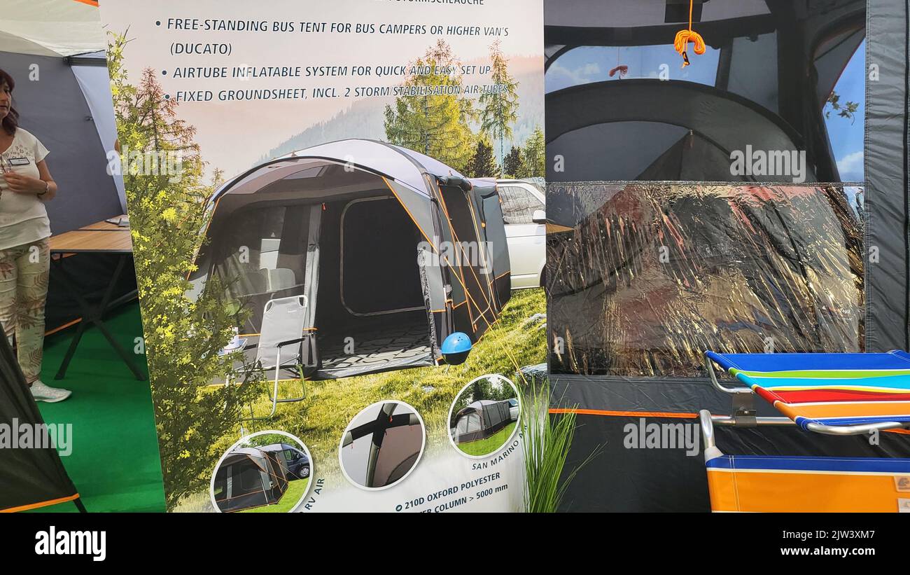 DUESSELDORF, NRW, GERMANY - SEPTEMBER 01, 2022: Motorhomes and campers for sale or rent at an exhibition. Concept freedom, family vacation trip, holid Stock Photo