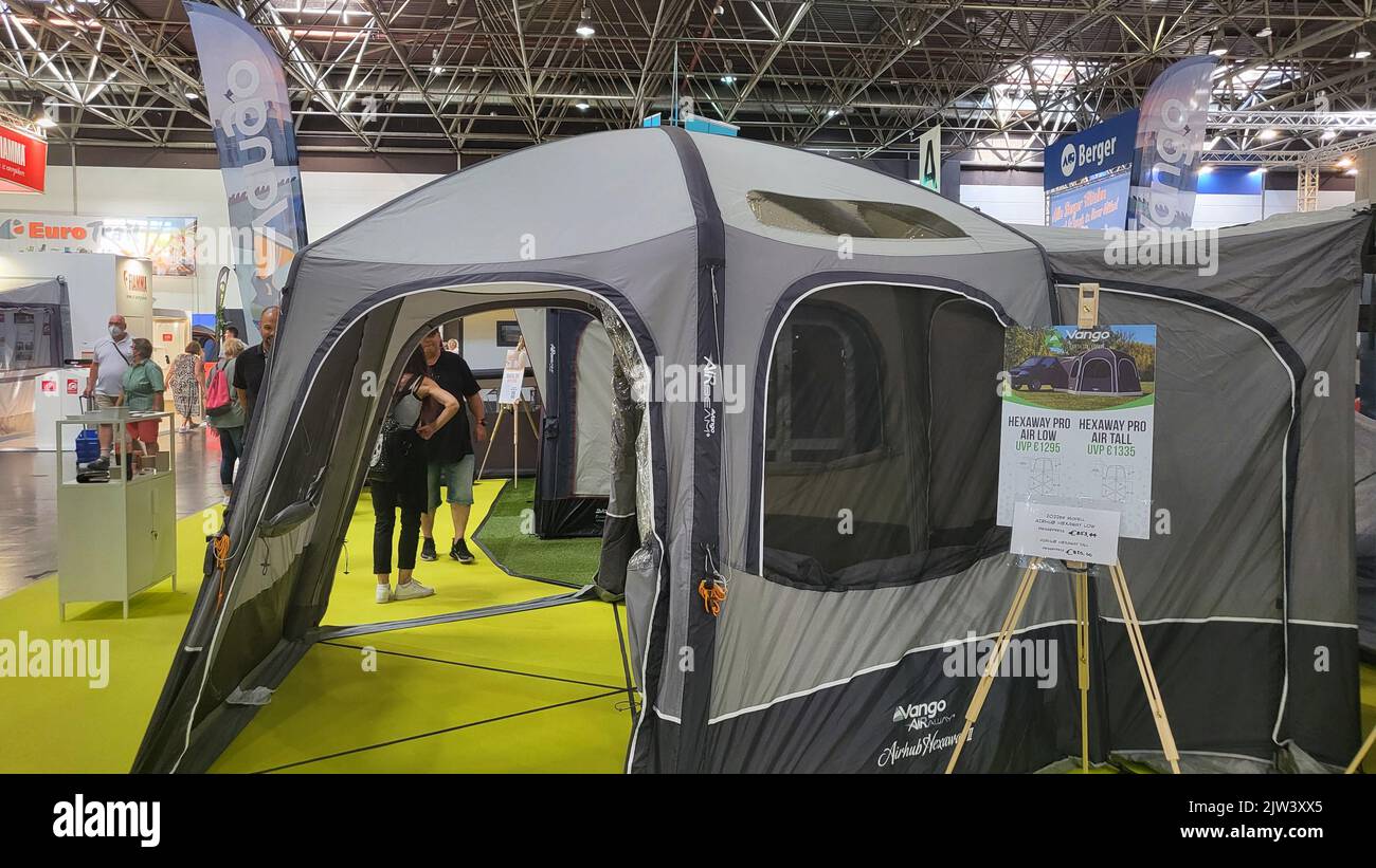 DUESSELDORF, NRW, GERMANY - SEPTEMBER 02, 2022: Motorhomes and campers for sale or rent at an exhibition. Concept freedom, family vacation trip, holid Stock Photo
