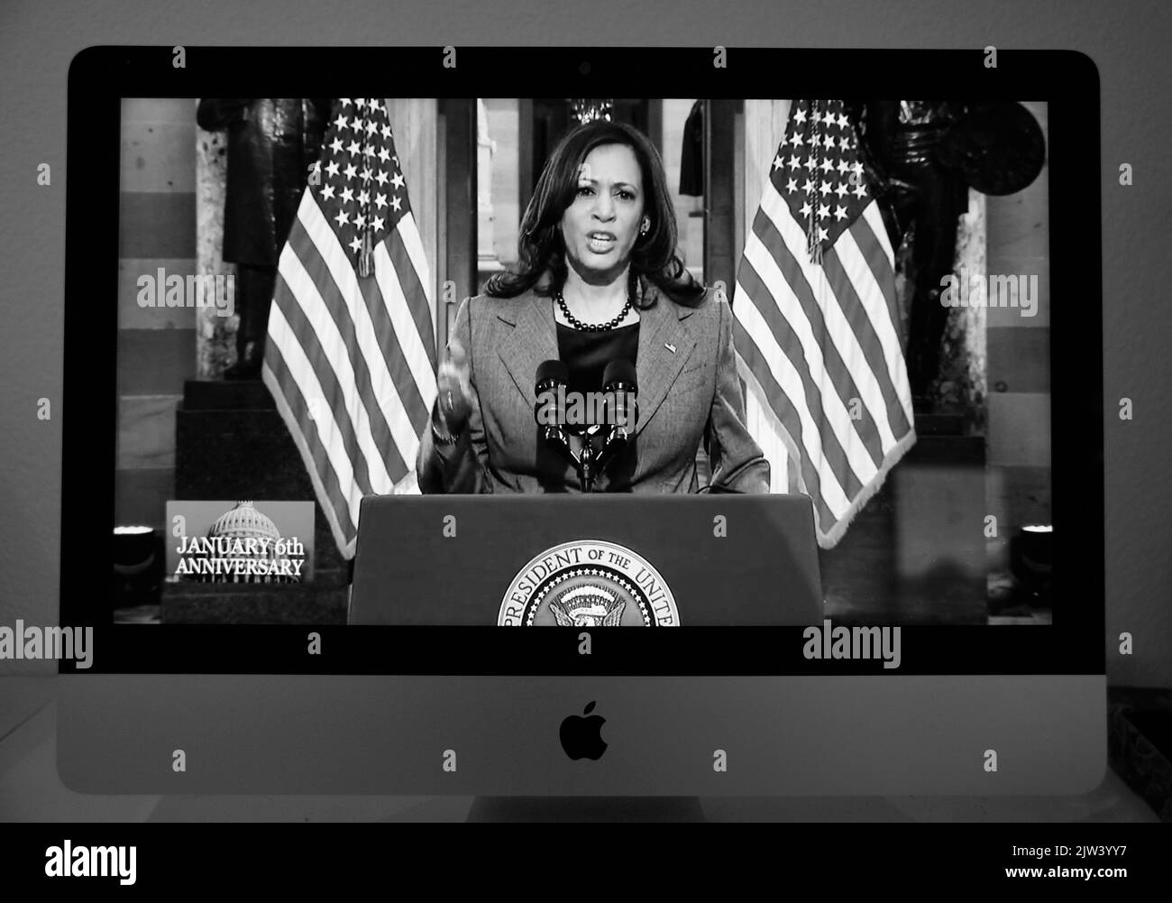 A C-SPAN television screen shot of U.S. Vice President Kamala Harris speaking on the annivarsay of the January 6 attack on the U.S. Capitol. Stock Photo