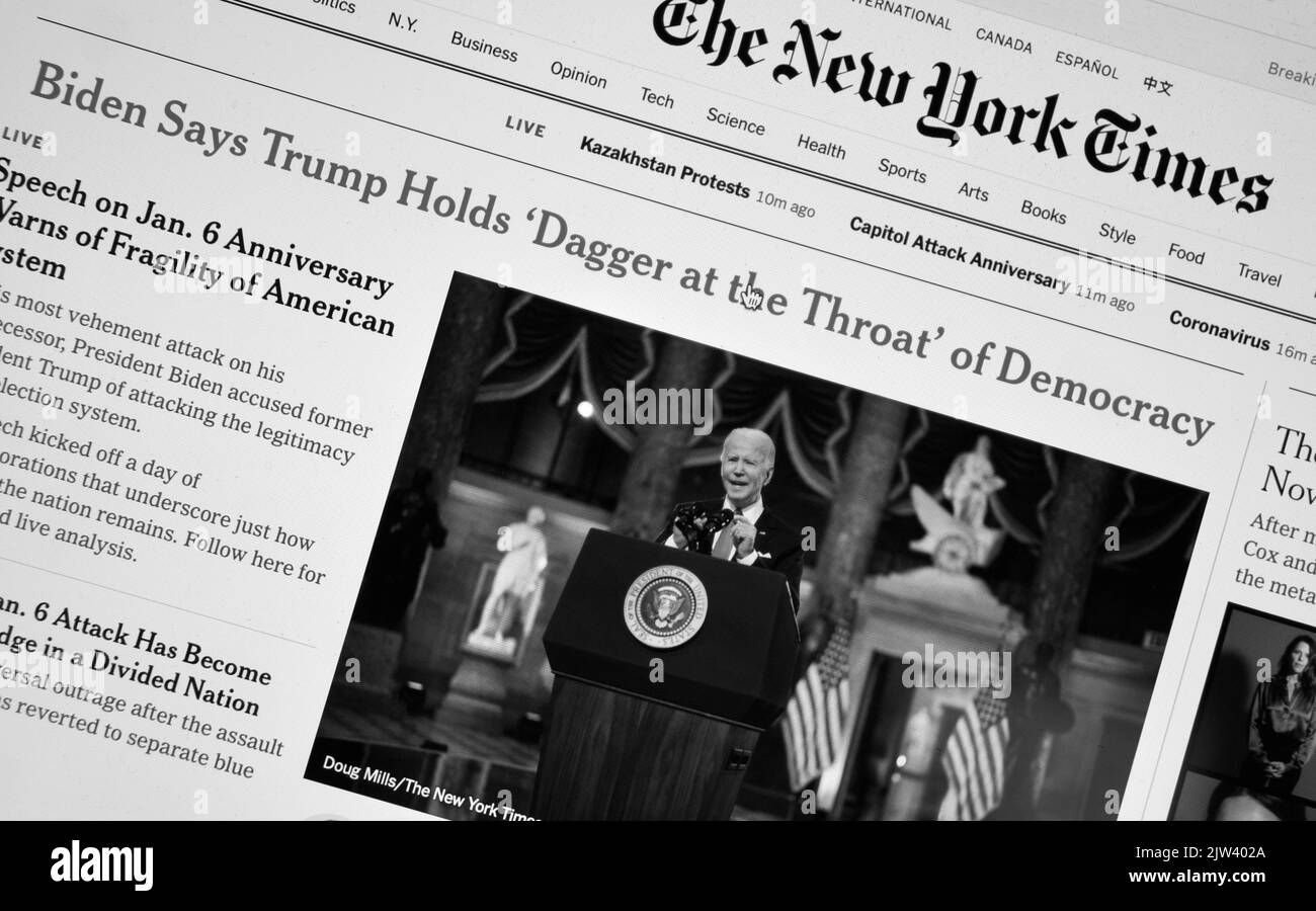 A screen shot of The New York Times website reporting on President Joe ...