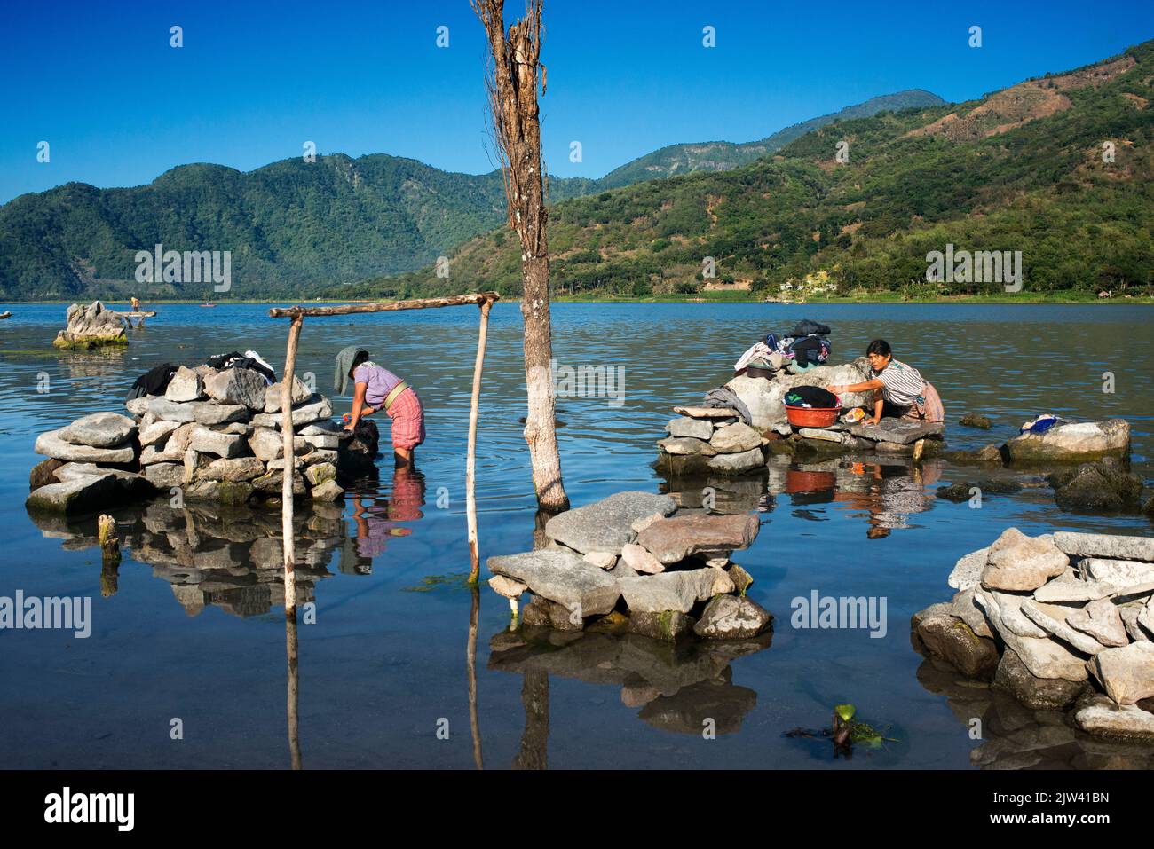 Woman wash clothing in Largo Atitlan, Santiago de Atitlan Guatemala.  Polluted lakes. The waters of Lake Atitlán turn green due to the appearance of a Stock Photo