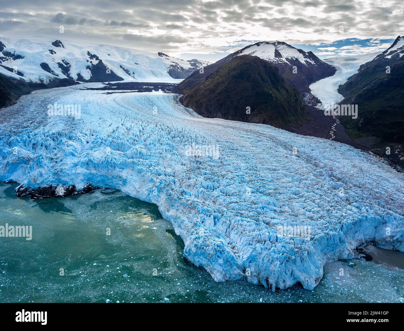 Aerial view of Amalia Glacier On The Edge Of The Sarmiento Channel - Skua Glacier - Bernardo O'Higgins National Park in Patagonia Chile fjords near Pu Stock Photo