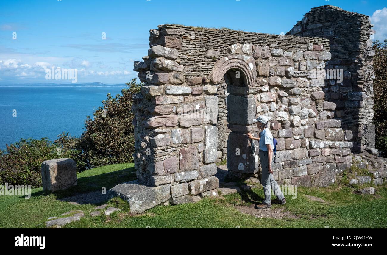 The south wall doorway of the Chapel of St Patrick, first established in the 8th century, Heysham Head, Lancashire, UK Stock Photo