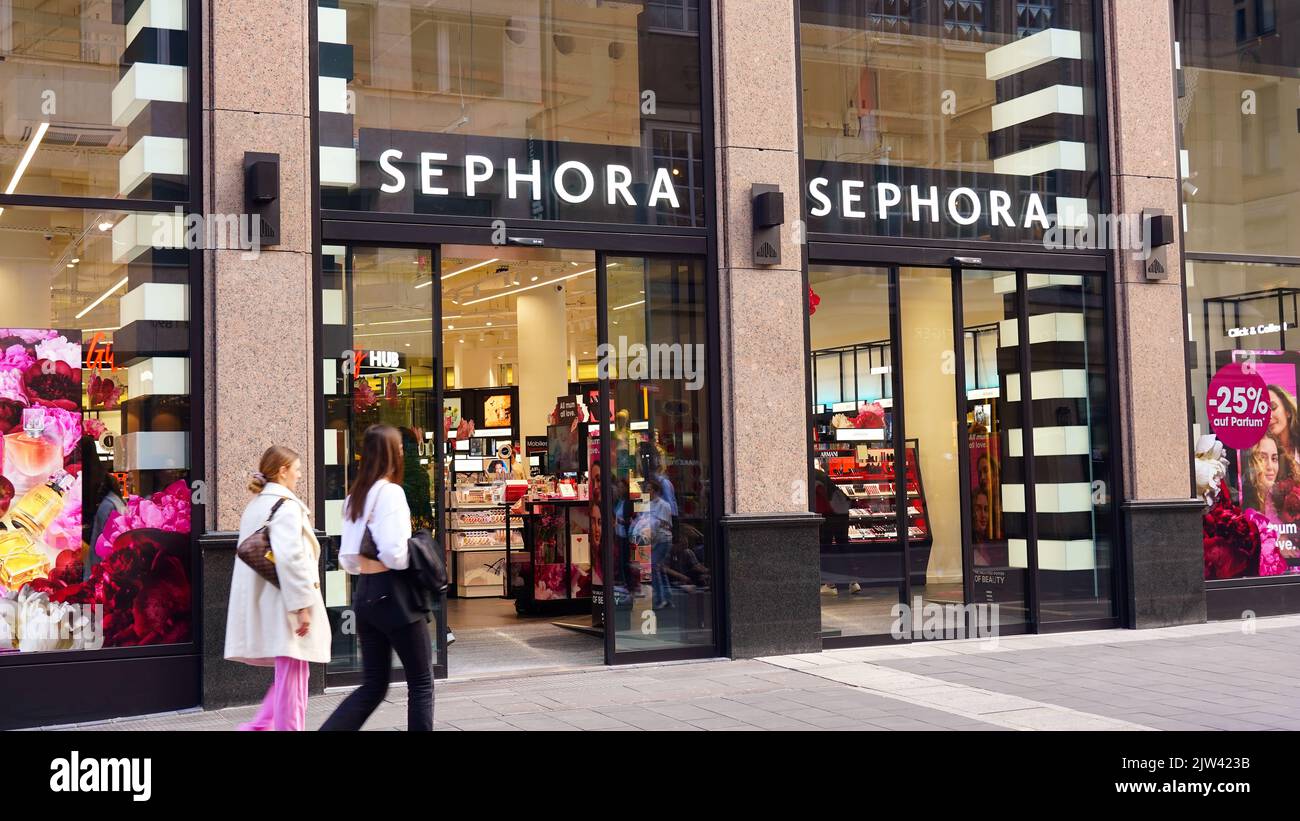 Exterior of a Sephora chain store in Düsseldorf/Germany. Sephora is a French cosmetics chain, founded in 1969. Stock Photo