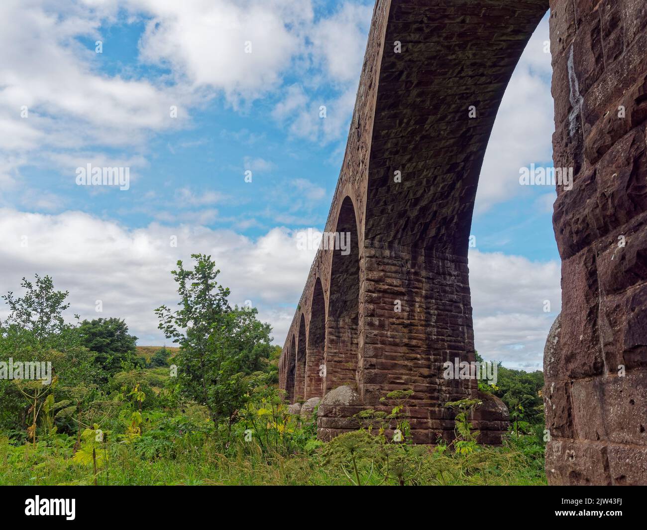 Looking up at the Lower North water Bridge carrying the A92 Road between Arbroath and Aberdeen over the River North Esk at St Cyrus. Stock Photo