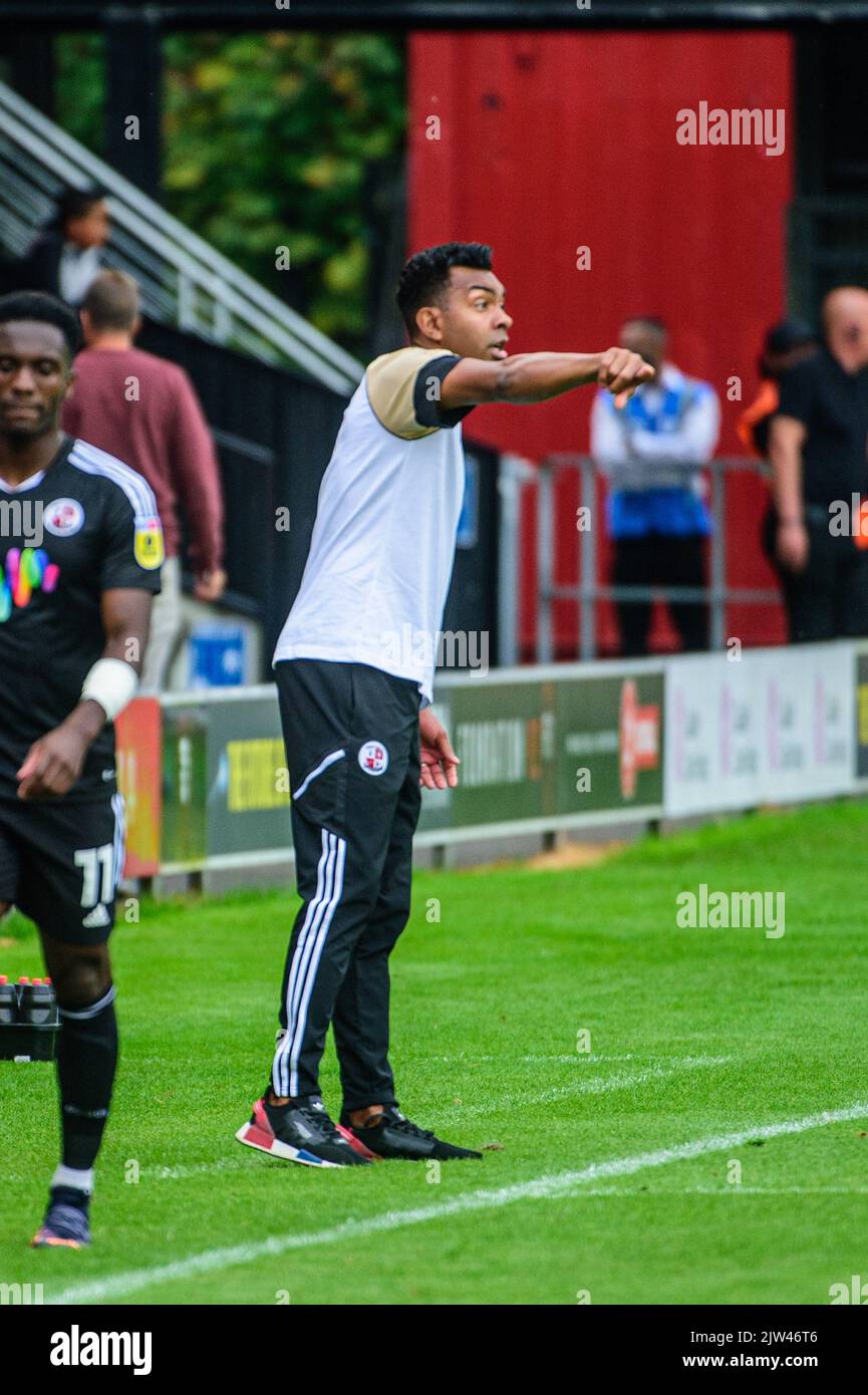 Kevin Betsy, Manager of Crawley Town FC issues his orders during the Sky Bet League 2 match between Salford City and Crawley Town at Moor Lane, Salford on Saturday 3rd September 2022. (Credit: Ian Charles | MI News) Credit: MI News & Sport /Alamy Live News Stock Photo