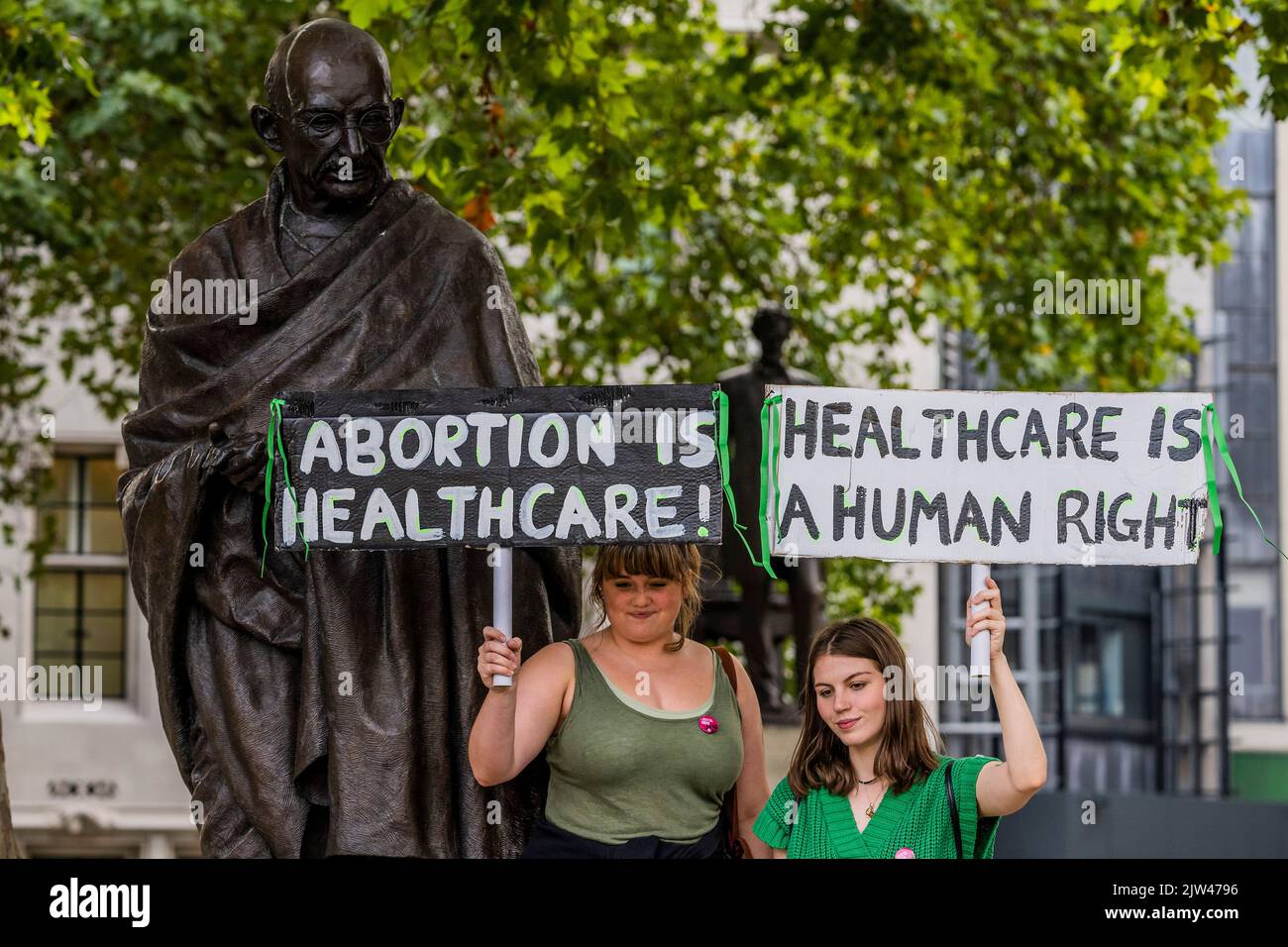 London, UK. 3rd Sep, 2022. Abortion is healthcare placards under the statue of Gandhi - Patsy Stevenson, who was arrested at the Sarah Everard vigil in Clapham Common, leads the remainder of the Pro choice group. A pro choice counter protest outlasts the The March for Life UK organised by Campaigners from Right To Life UK. Credit: Guy Bell/Alamy Live News Stock Photo