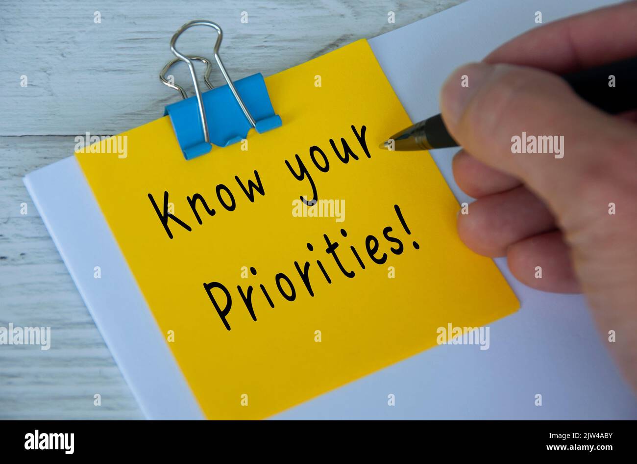 Know your priorities text written on yellow notepad. Priority concept. Stock Photo