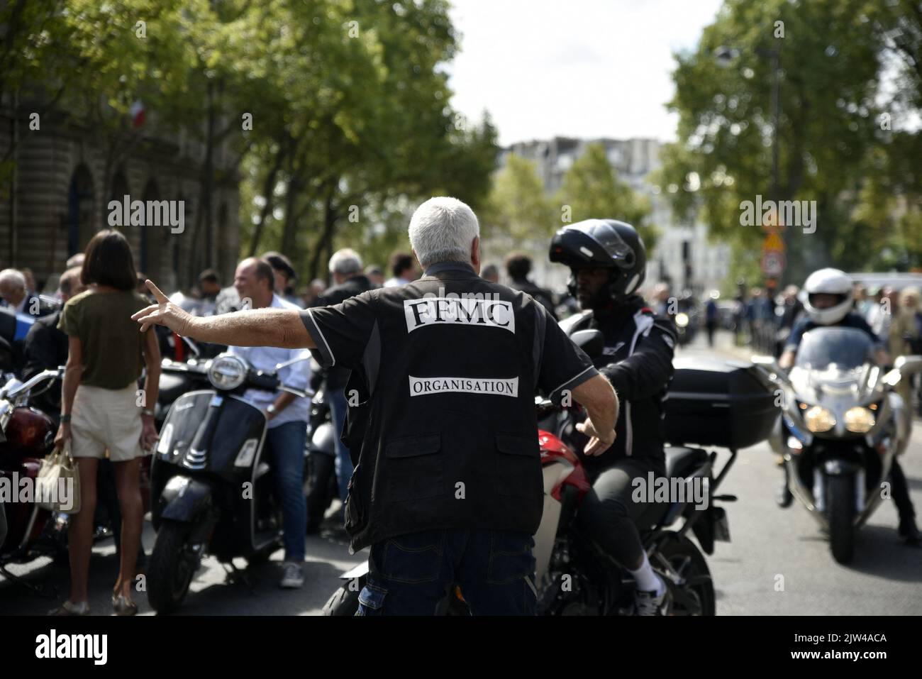 Bikers gather beside the city hall at the call of the 'Federation des Motards en Colere' (FMCC) to protest against the paid parking of the two-wheelers set up in Paris, France, on September 3, 2022. The end of a graceful era. Since September 1, 2022, thermal motorised two-wheelers have had to pay to park in the streets of Paris, a measure that irritates the user community. Photo by Patrice Pierrot/ABACAPRESS.COM Stock Photo