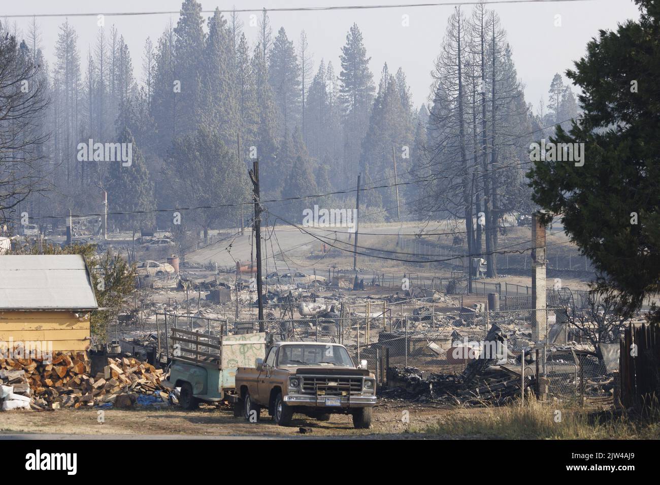 Weed, United States. 23rd Aug, 2022. A view of the remains of multiple
