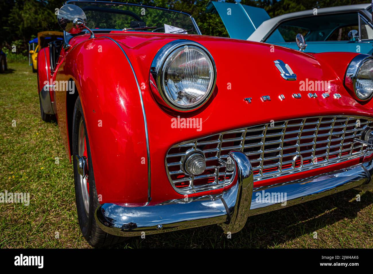 Savannah, GA April 21, 2018 Front corner detail view of a 1961 Triumph TR3A Convertible
