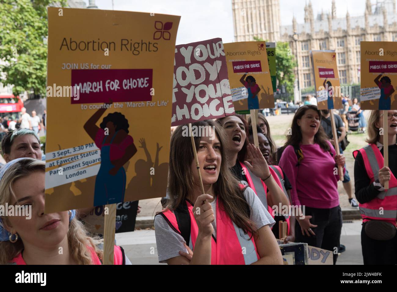 London, UK. 3rd September, 2022. Pro-choice supporters stage a demonstration in Parliament Square to campaign for women's reproductive rights around the world as a counter-protest to the anti-abortion 'March for Life'  taking place alongside. The demonstrators also expressed solidarity with women in US where the Supreme Court overturned the 1973 Roe v Wade law, which affirmed the federal constitutional right to seek an abortion. Credit: Wiktor Szymanowicz/Alamy Live News Stock Photo