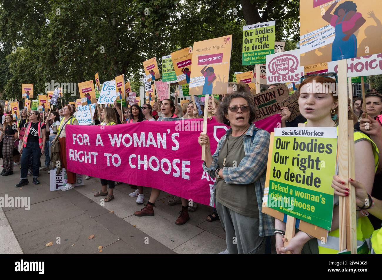 London, UK. 3rd September, 2022. Pro-choice supporters stage a demonstration in Parliament Square to campaign for women's reproductive rights around the world as a counter-protest to the anti-abortion 'March for Life'  taking place alongside. The demonstrators also expressed solidarity with women in US where the Supreme Court overturned the 1973 Roe v Wade law, which affirmed the federal constitutional right to seek an abortion. Credit: Wiktor Szymanowicz/Alamy Live News Stock Photo