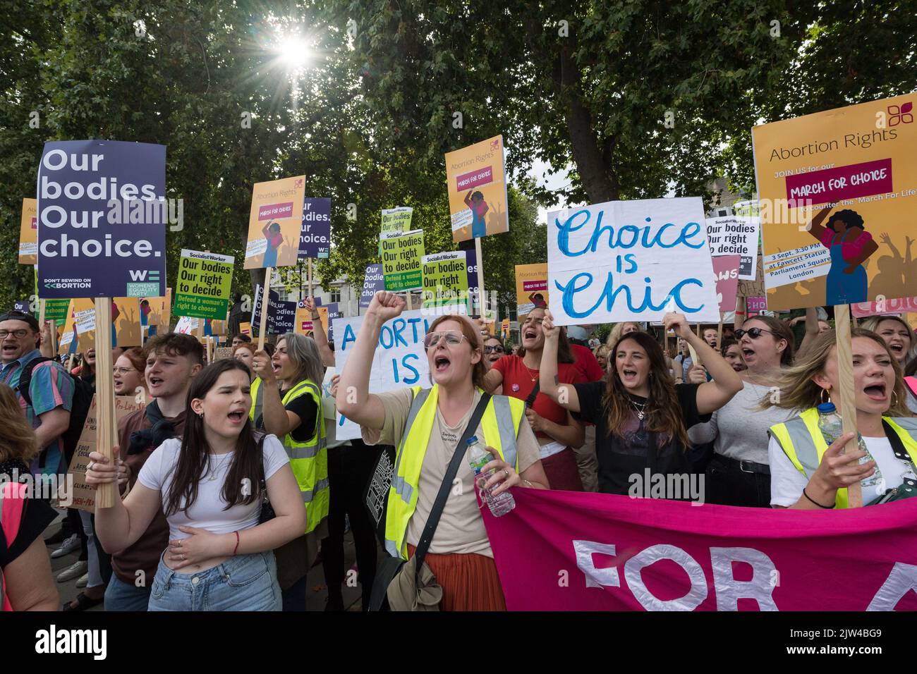 London, UK. 3rd September, 2022. Pro-choice supporters stage a demonstration in Parliament Square to campaign for women's reproductive rights around the world as a counter-protest to the anti-abortion 'March for Life'  taking place alongside. The demonstrators also expressed solidarity with women in US where the Supreme Court overturned the 1973 Roe v Wade law, which affirmed the federal constitutional right to seek an abortion. Credit: Wiktor Szymanowicz/Alamy Live News Stock Photo