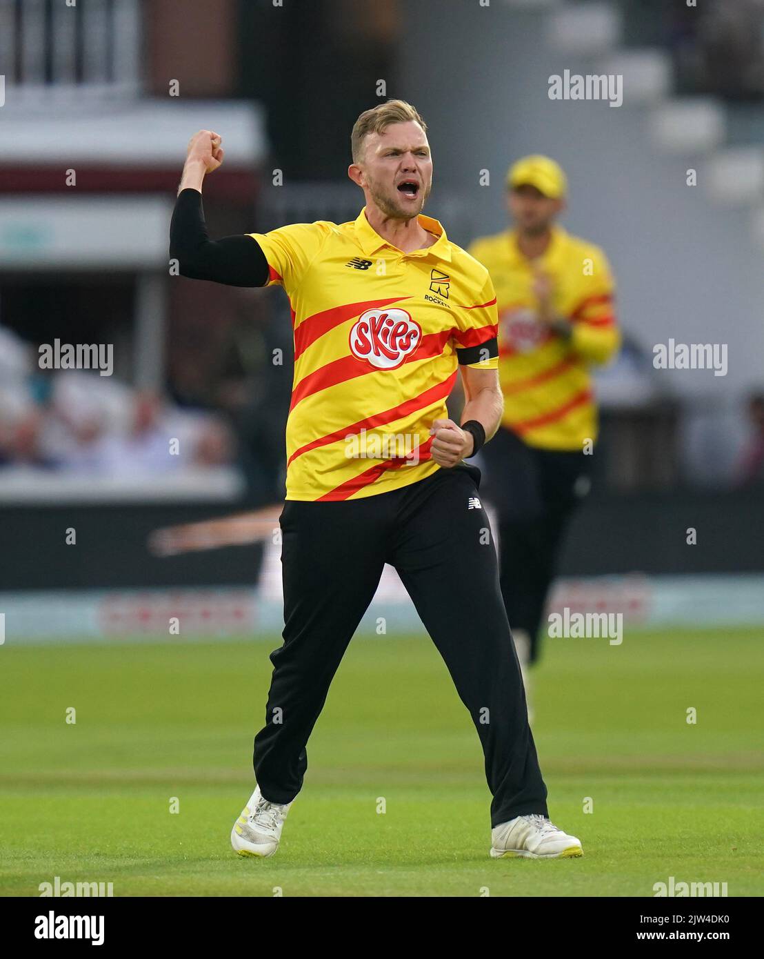 Trent Rockets' Sam Cook celebrates taking the wicket of Manchester Originals' Laurie Evans during the Men's Hundred Final at Lord's, London. Picture date: Saturday September 3, 2022. Stock Photo