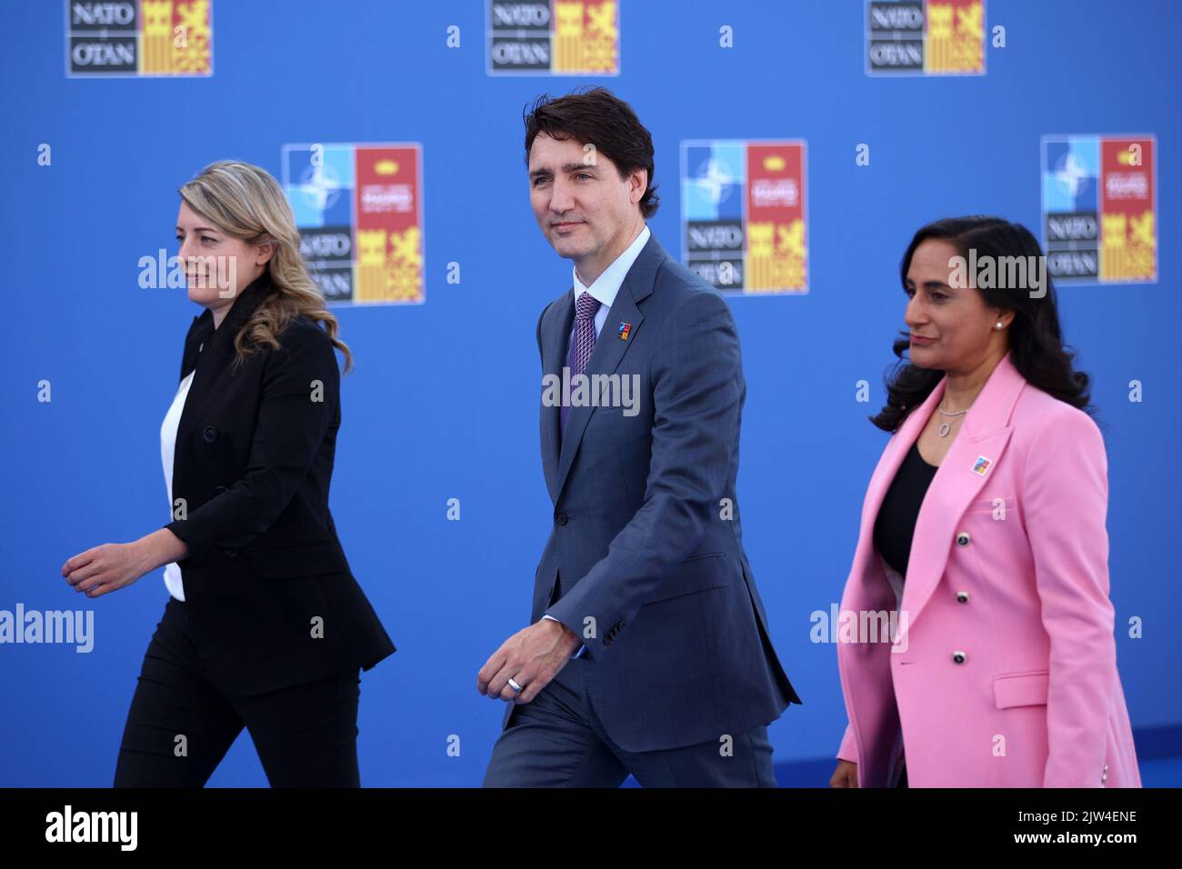 Spain, Madrid - 30 June, 2022: Canada's Prime Minister Justin Trudeau (C) and Foreign Minister Melanie Joly (L) attend the NATO summit in Madrid, Spai Stock Photo