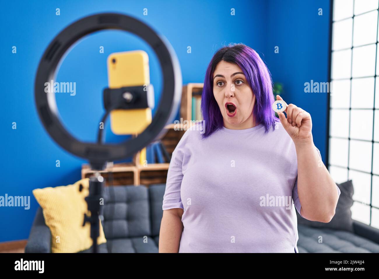 Plus Size Woman Wit Purple Hair Recording Bitcoin Tutorial With Plus size woman wit purple hair recording bitcoin tutorial with
