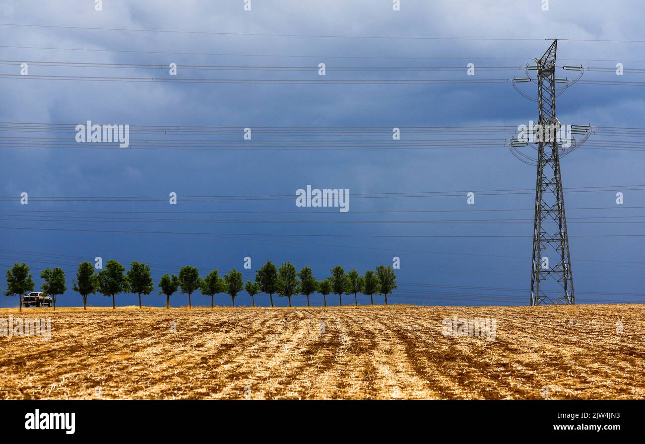 Pylons of high-tension electricity power lines are pictured near Villers-la-Montagne in France, September, 3, 2022. REUTERS/Gonzalo Fuentes Stock Photo