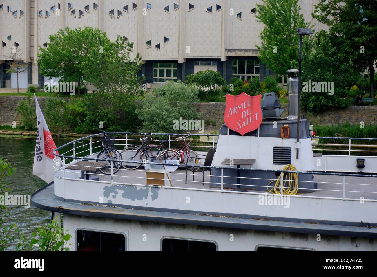 Paris, France - May 29, 2022: Signage of Salvation Army houseboat moored on River Seine in Neuilly sur Seine Stock Photo