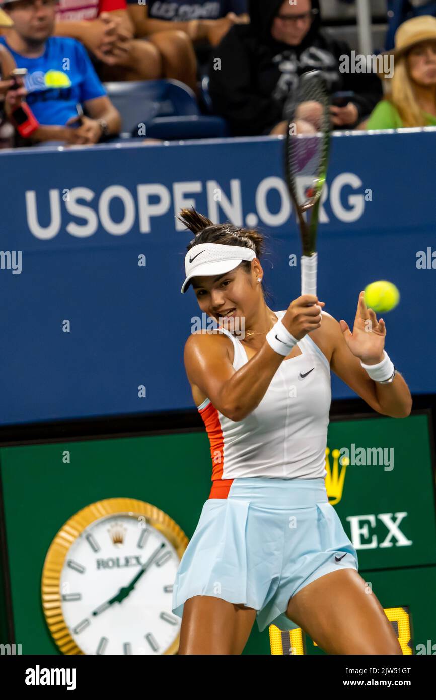 Emma Raducanu (GBR) during her first round loss at the 2022 US Open Tennis. Stock Photo