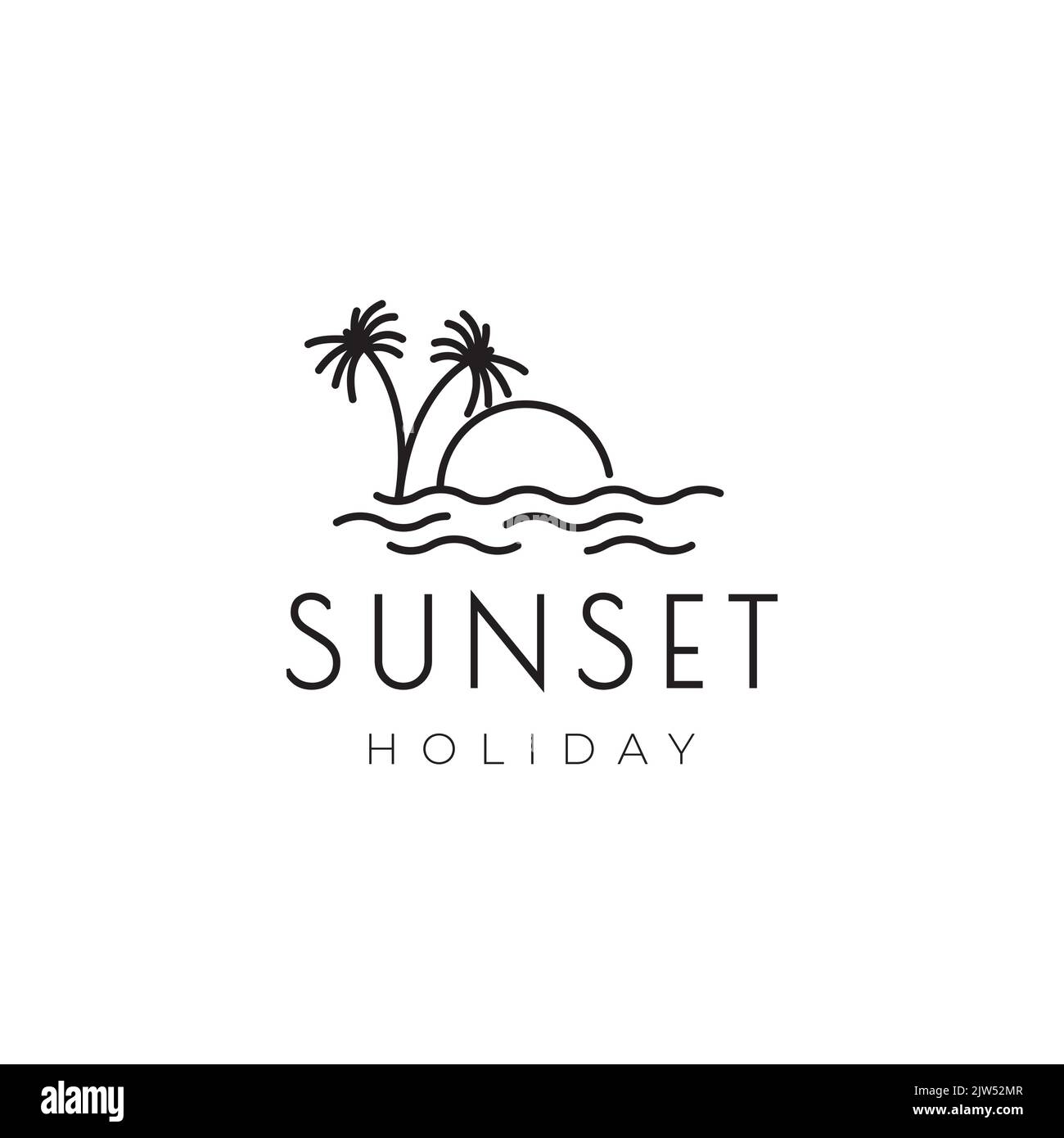 minimal sunset beach water and coconut tree logo design Stock Vector