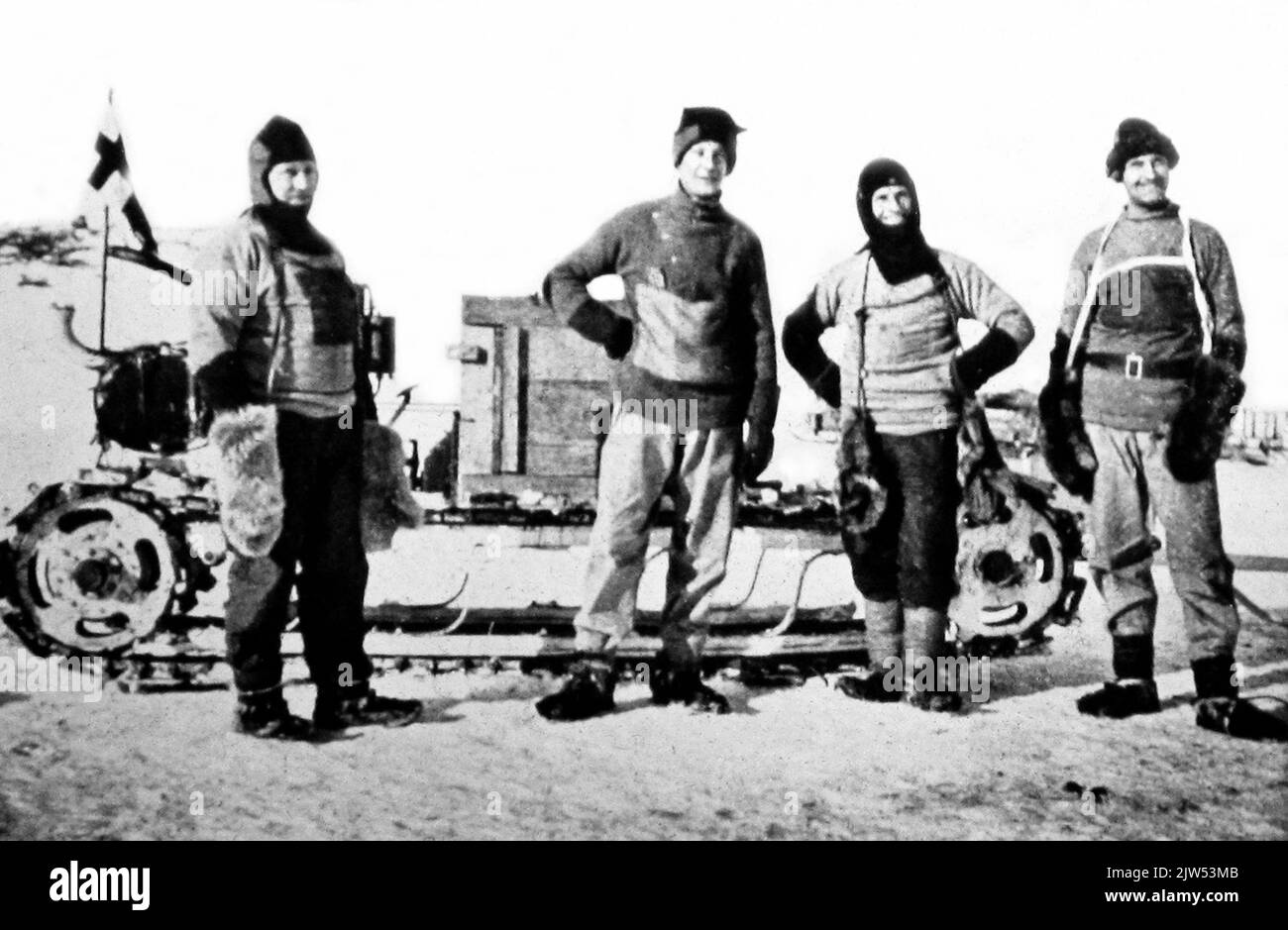 The Motor Party left to right Lashby, Day, Evans, Hooper, British Antarctic Expedition led by Captain Scott 1910 -1913 Stock Photo