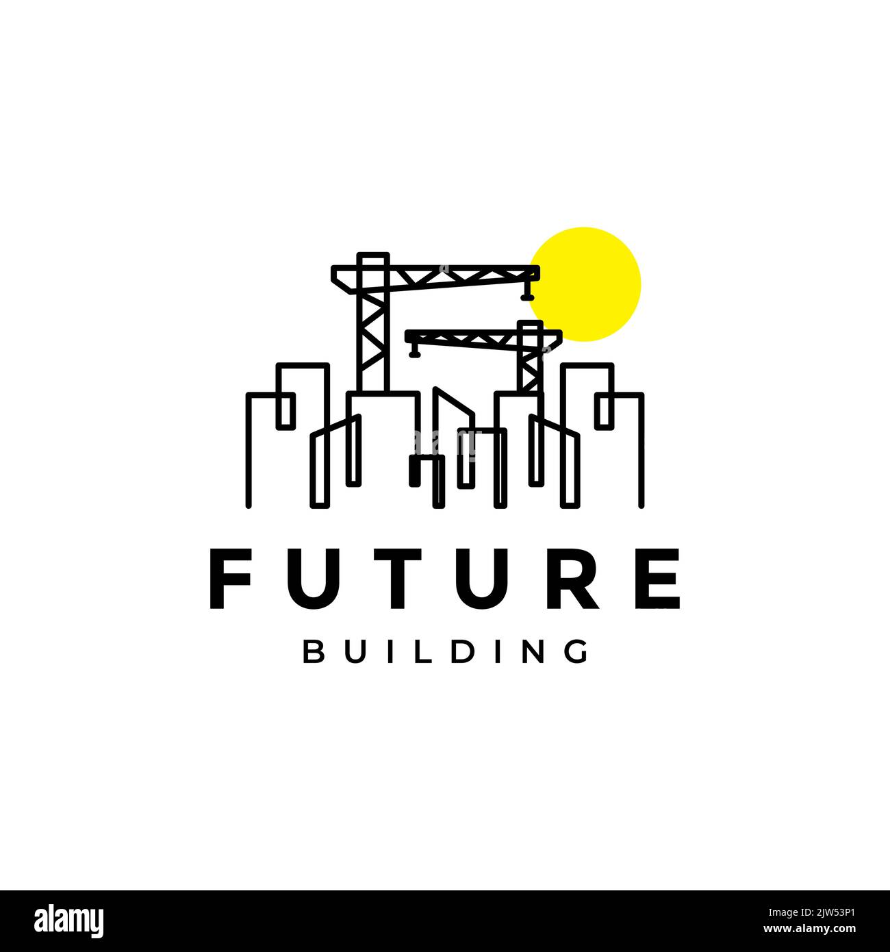 minimalist lines building with crane logo design Stock Vector