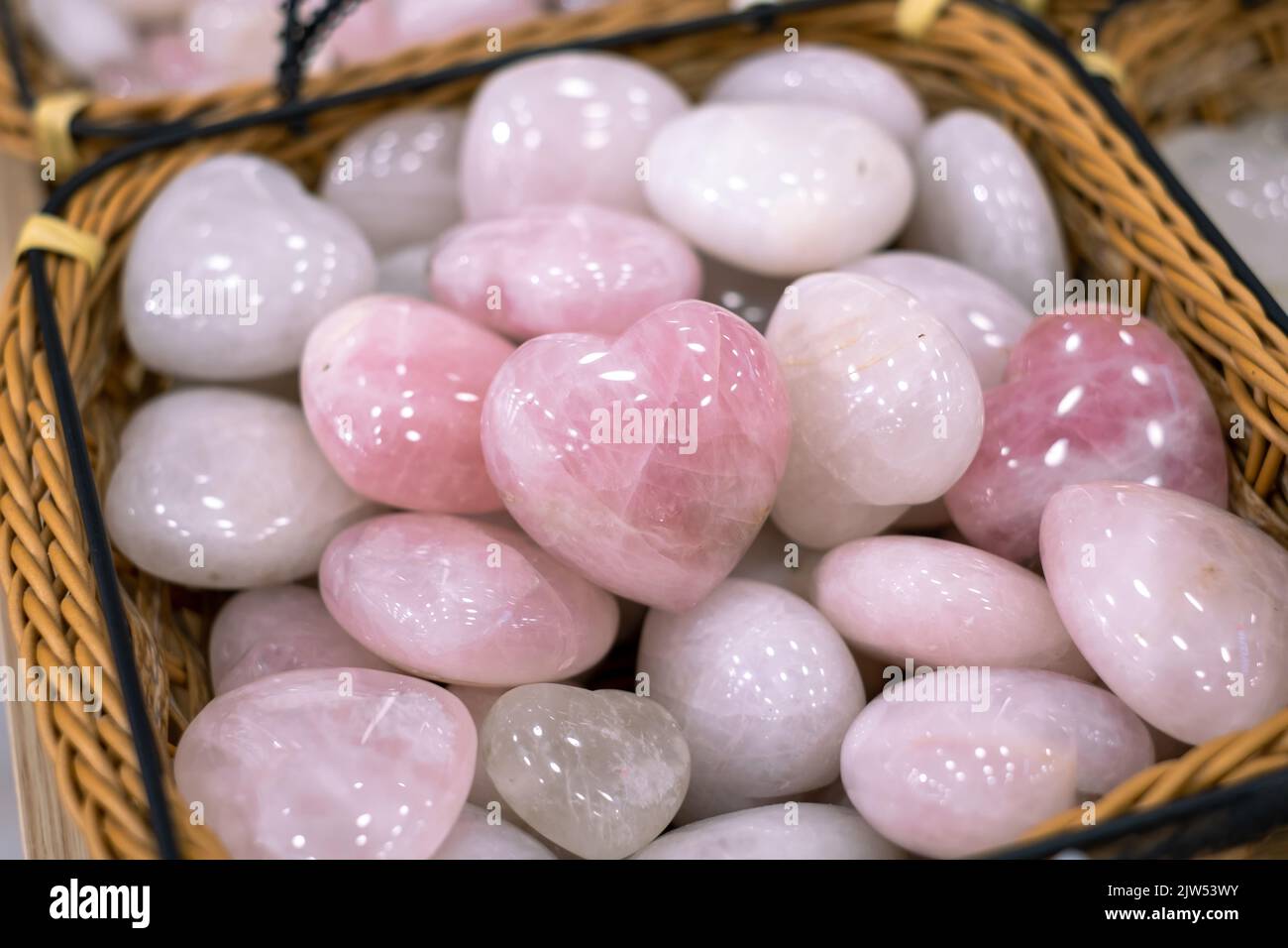 pink Quartz Heart Crystal, Healing Stone for Heart Chakra and Positive Energy, Rose Quartz Crystal Heart Shape, Love Heart Crystal. Stock Photo
