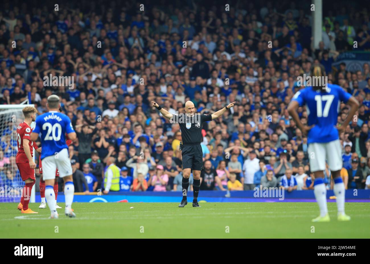 Goodison Park, Liverpool, UK. 3rd Sep, 2022. Premier League football, Everton versus Liverpool: referee Anthony Taylor signals that the goal scored by Conor Coady of Everton is disallowed by VAR for offside Credit: Action Plus Sports/Alamy Live News Stock Photo