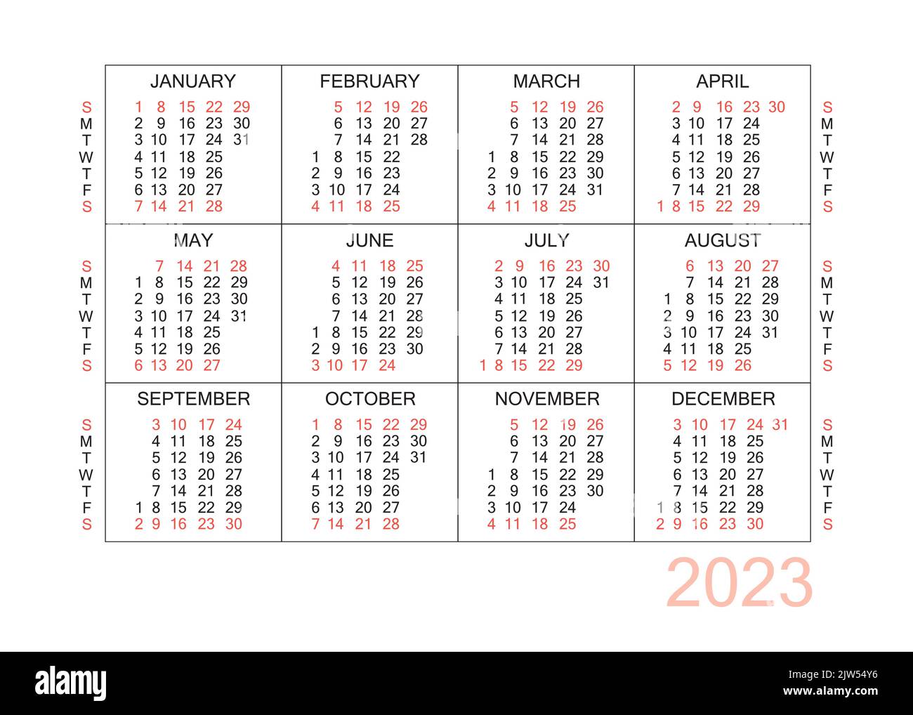 Horizontal calendar for 2023 year. Simple calendar grid isolated on a
