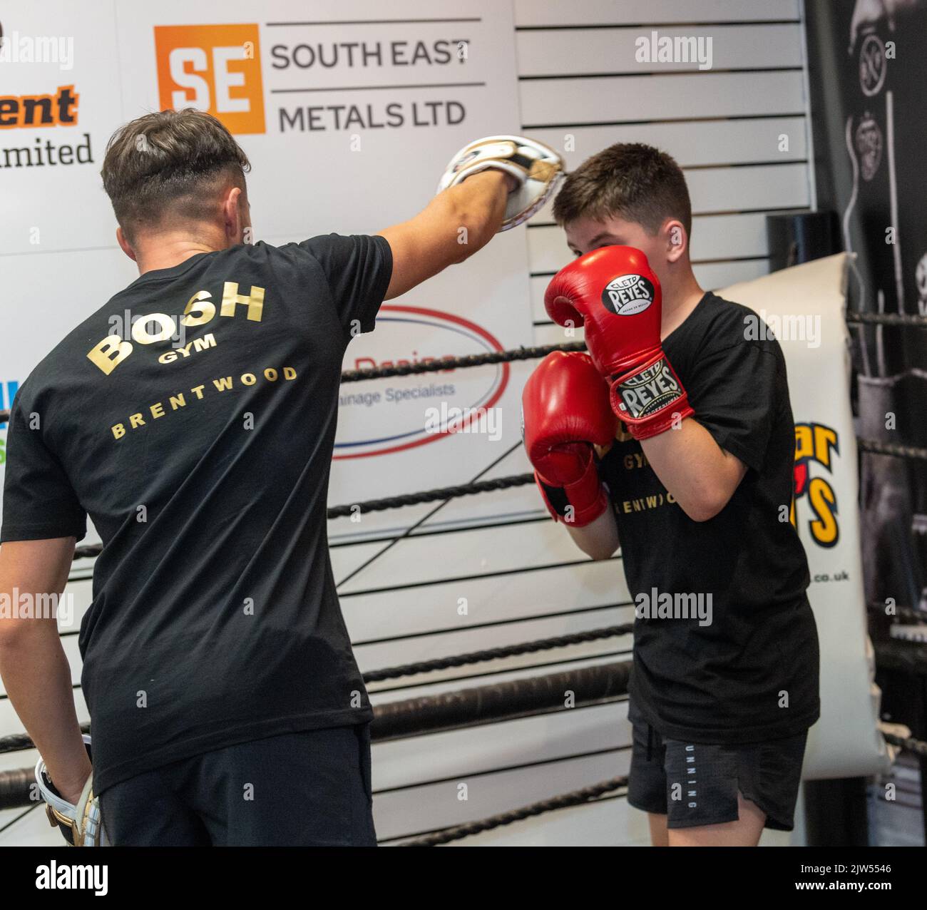 Brentwood Essex 3rd September 2022 Thomas  Skinner (The Apprentice and Celebrity Master Chief) opens his latest business venture, the Bosh Gym in Brentwood Essex UK. A boy sparing and boxing with boxing gloves  Credit: Ian Davidson/Alamy Live News Stock Photo