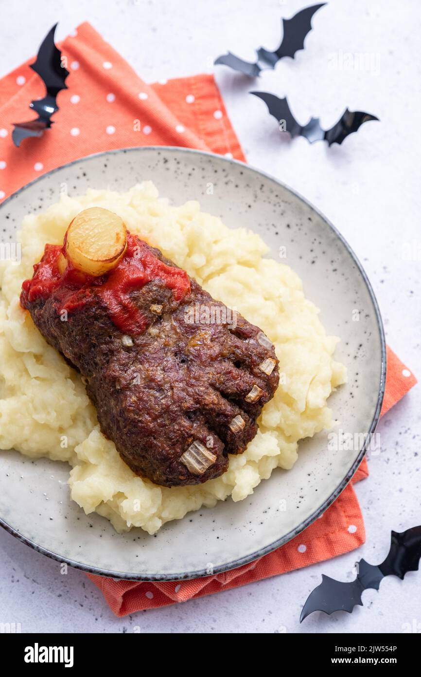 Halloween baked meatloaf with mashed potato Stock Photo Alamy