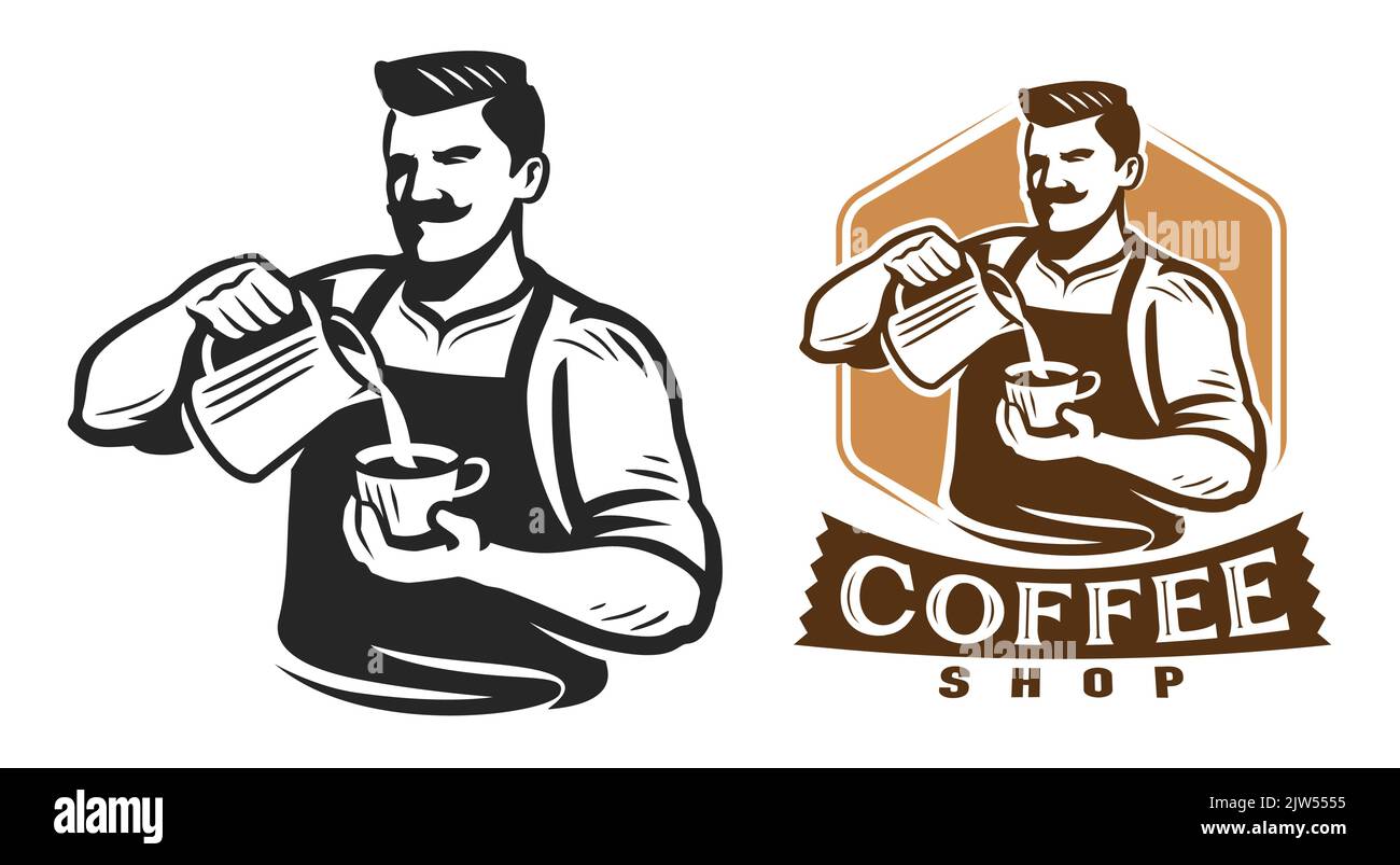 Coffee shop emblem. Design template for restaurant or cafe menu. Barista preparing coffee logo vector illustration Stock Vector
