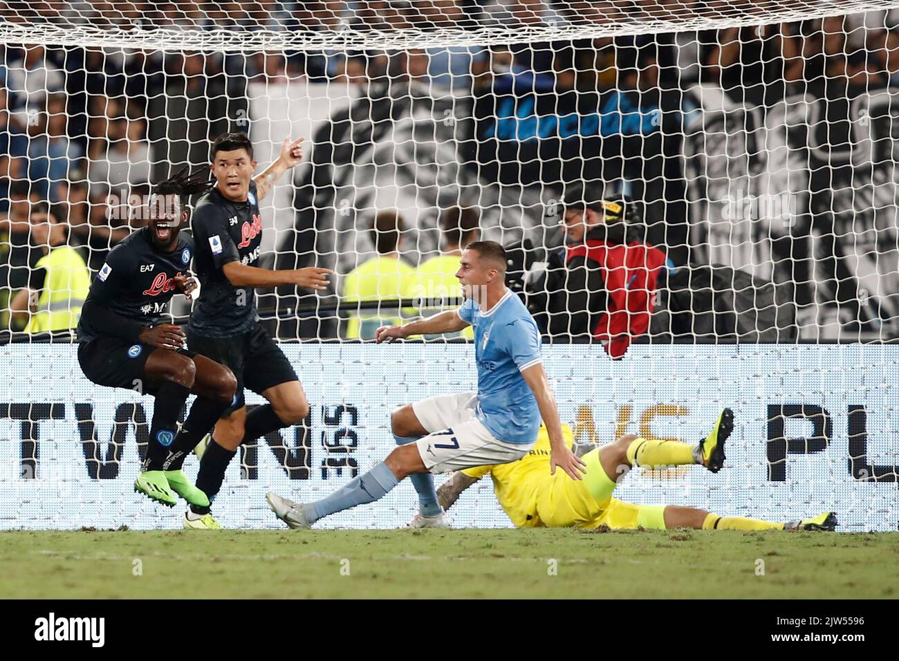 Rome, Italy. 3rd Sep, 2022. Kim Min-jae, second from left, reacts after scoring during the Italian Serie A football match between Lazio and Napoli at Rome's Olympic stadium Credit: Riccardo De Luca - Update Images/Alamy Live News Stock Photo