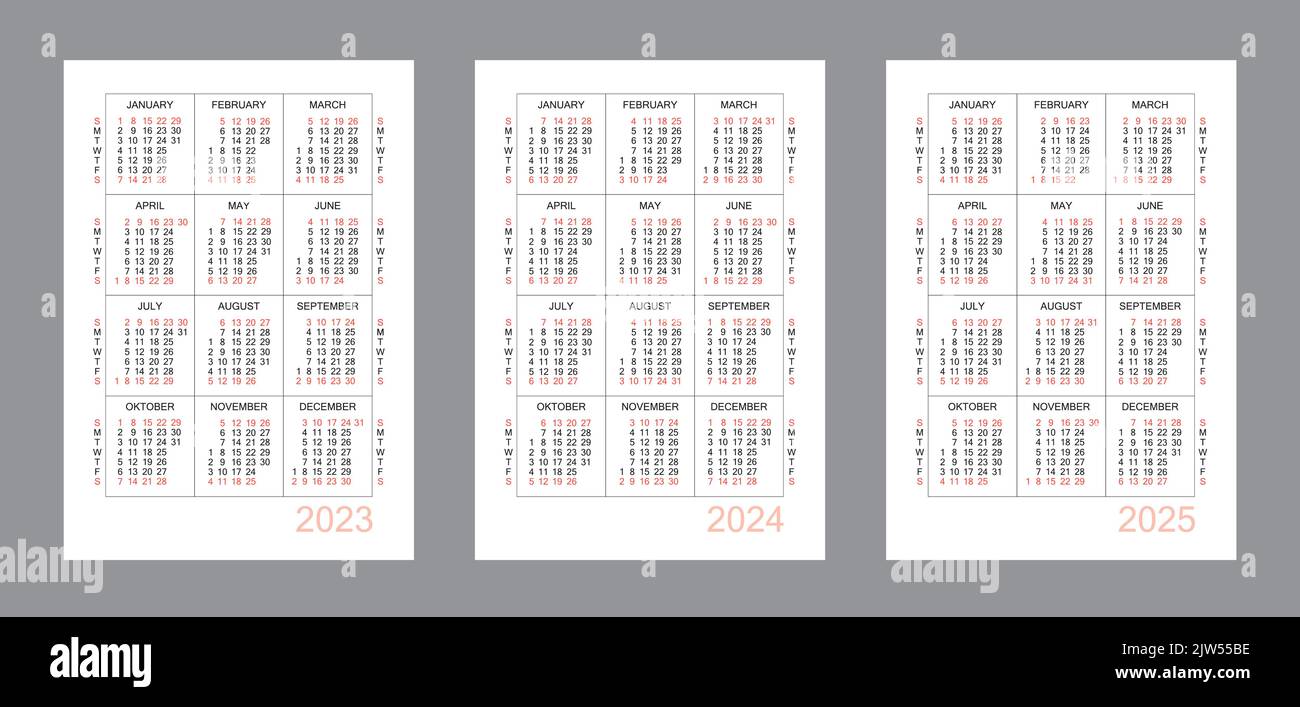 Vertical calendar for 3 years - 2023, 2024, 2025. Simple calendar grid isolated on a white background, Sunday to Monday, business template. Yearly cal Stock Vector