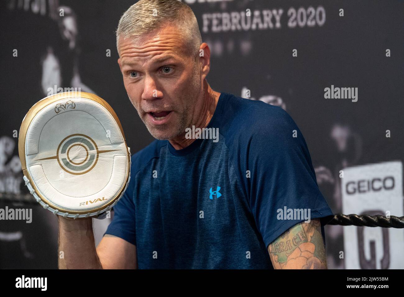 Brentwood Essex 3rd September 2022 Thomas Skinner (The Apprentice and Celebrity Master Chief) opens his latest business venture, the Bosh Gym in Brentwood Essex UK Chad Ouzman, a boxing instructor tries some sparing. Credit: Ian Davidson/Alamy Live News Stock Photo