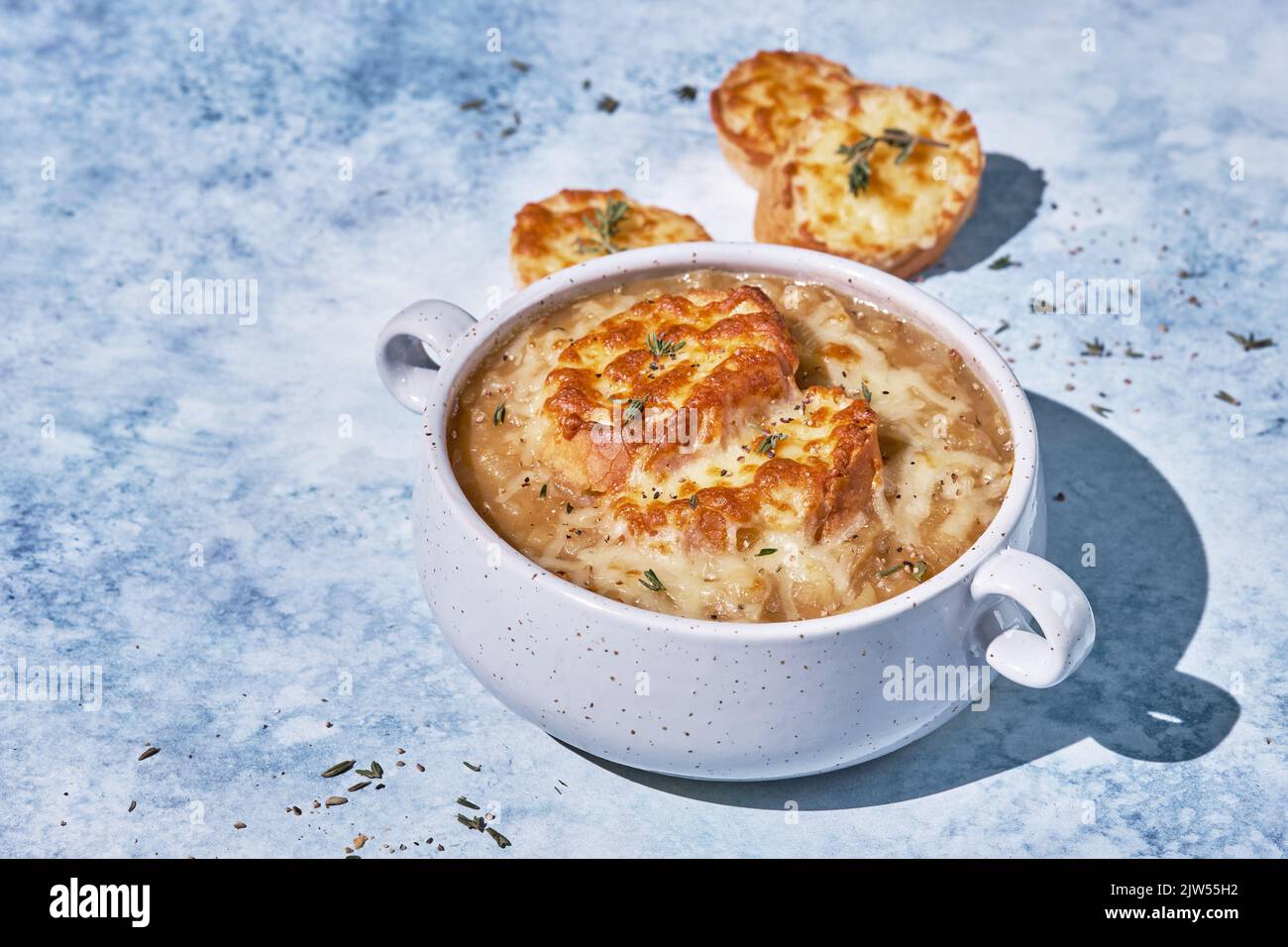 French onion soup, with cheese croutons Stock Photo