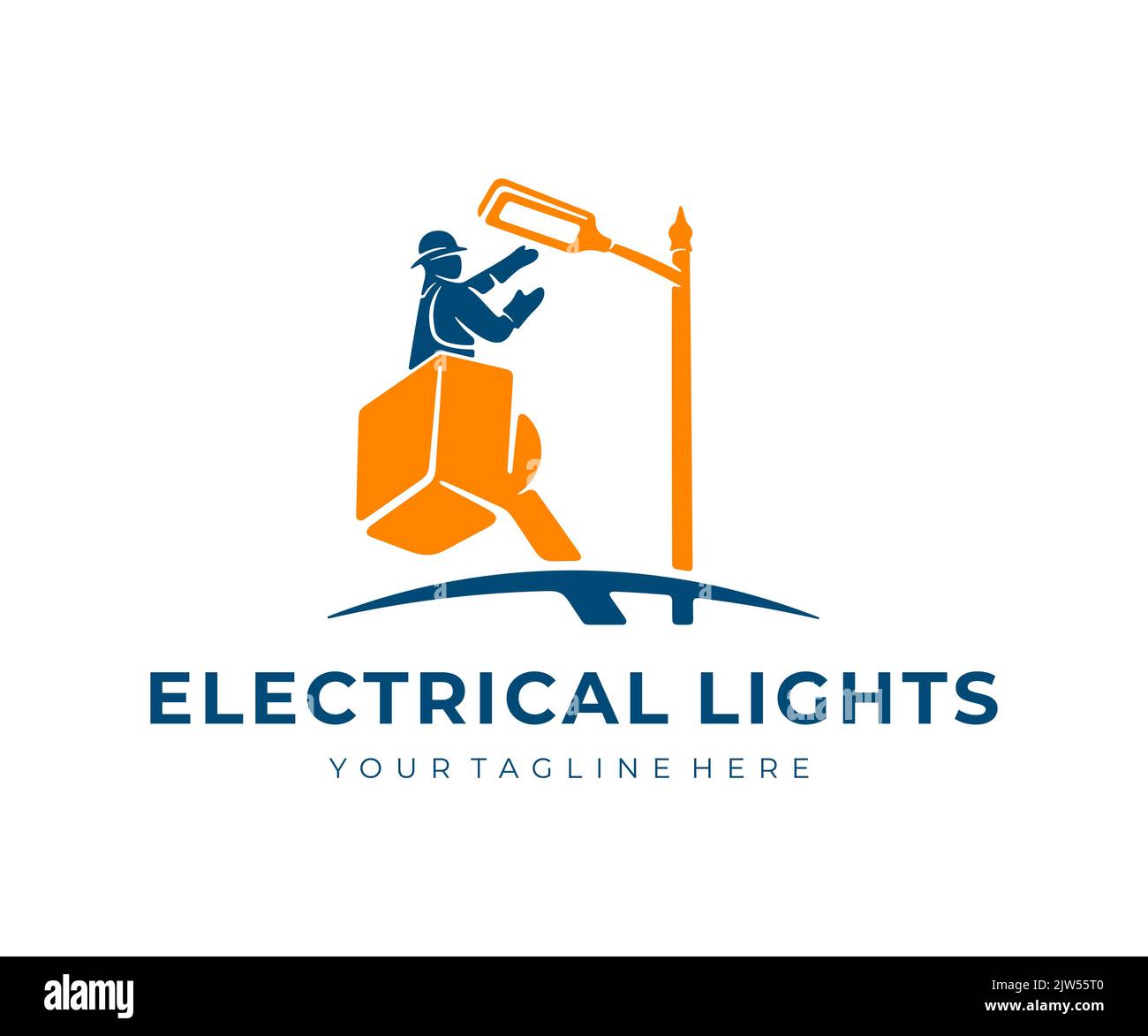 Electrician in lift bucket or bucket truck, repairing street light, logo design. Bucket lift, electrical, electricity, lighting and repair, vector Stock Vector