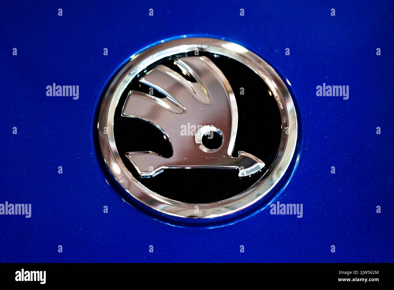 Sofia, Bulgaria - 3 June, 2022: Close-up of Skoda logo is seen on a car at Sofia Motor Show. Stock Photo