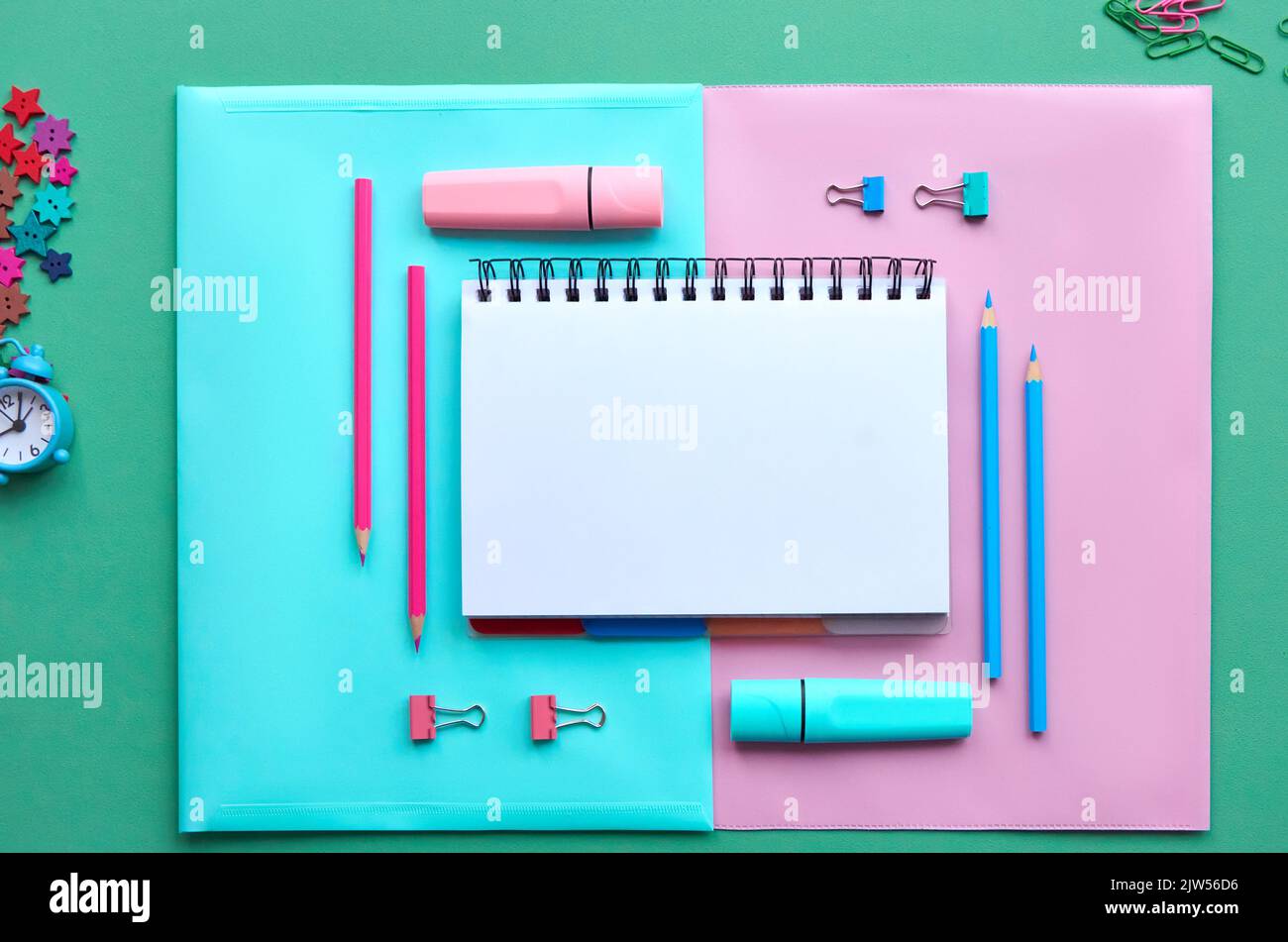 School stationery products on pastel background, flatlay. Back to school Stock Photo