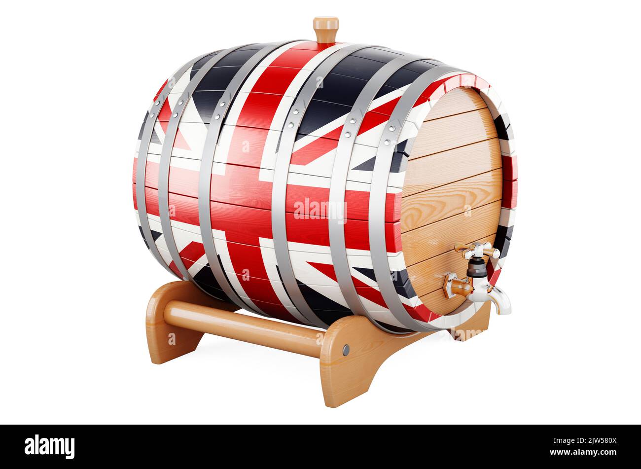 Wooden barrel with British flag, 3D rendering isolated on white