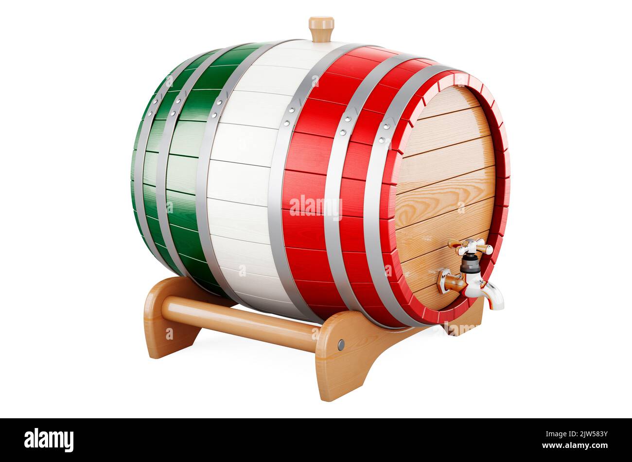 Wooden barrel with Italian flag, 3D rendering isolated on white background Stock Photo