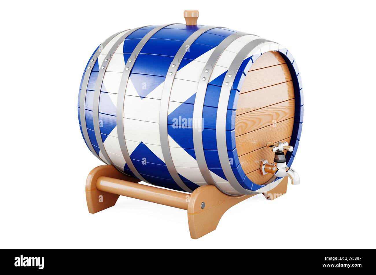 Wooden barrel with Scottish flag, 3D rendering isolated on white background Stock Photo