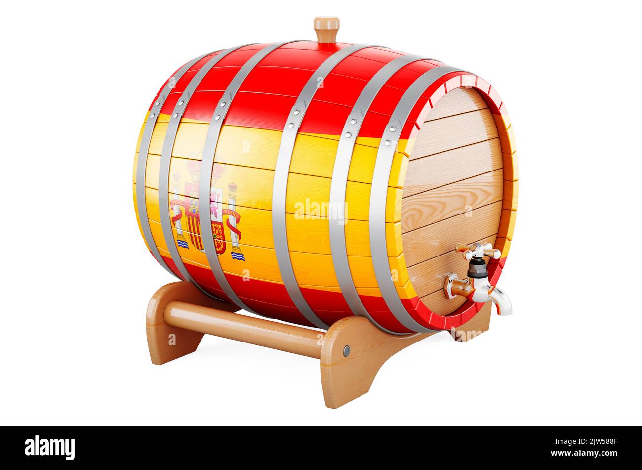 Wooden barrel with Spanish flag, 3D rendering isolated on white
