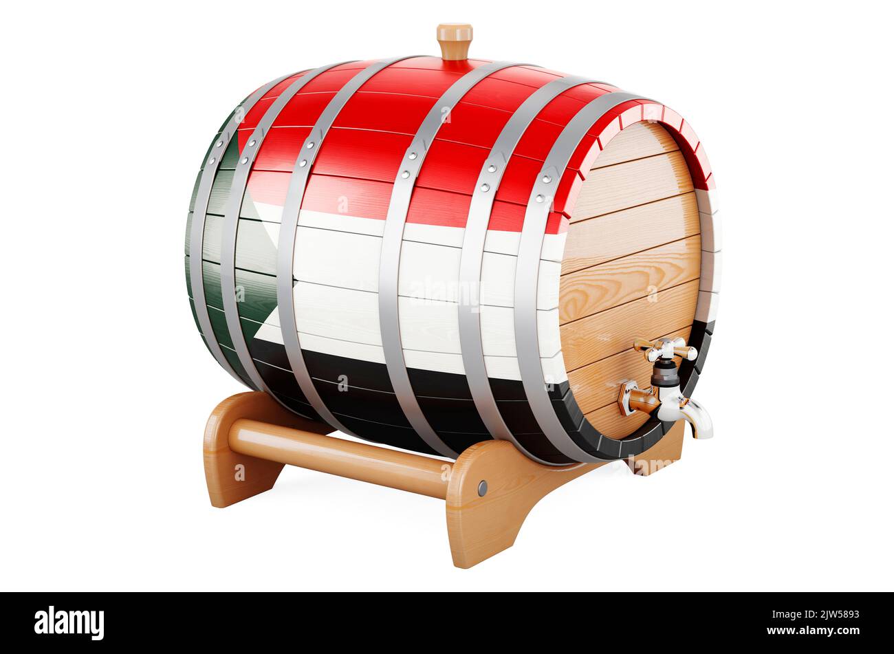 Wooden barrel with Sudanese flag, 3D rendering isolated on white background Stock Photo