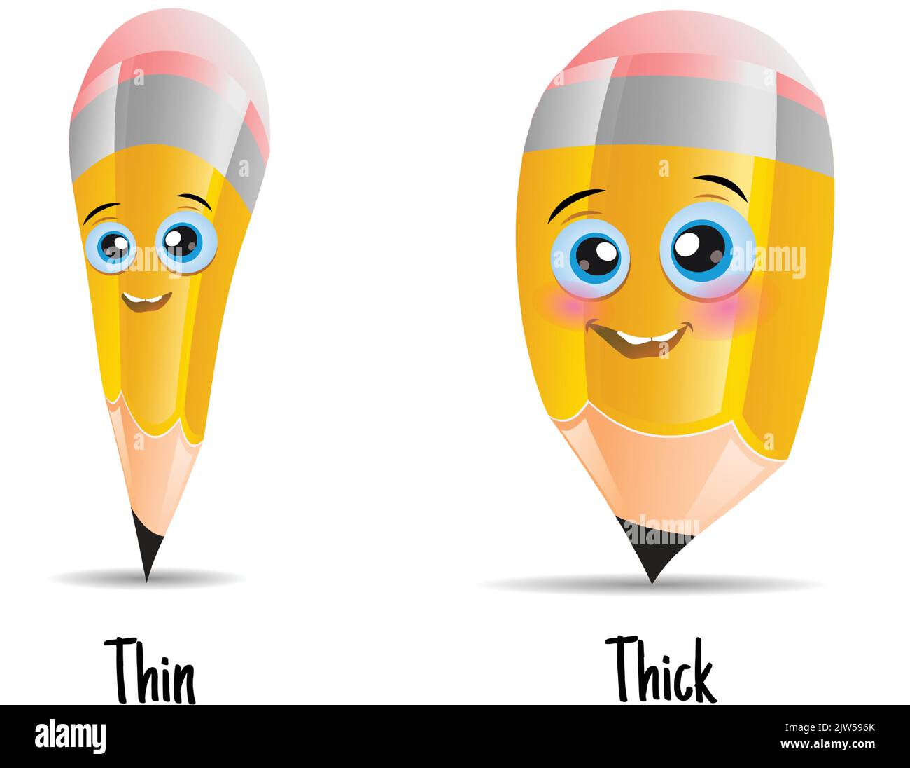 Antonyms concept, Thick and Thin. Educational flash Card with yellow Pencils for English language learning with Opposites. Vector illustration of Body Stock Vector